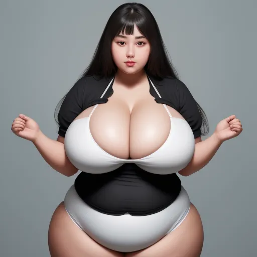 4k picture resolution converter - a woman with big breast and a black shirt on her body is posing for a picture with her hands in her pockets, by Terada Katsuya