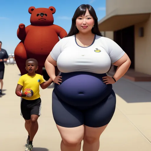 generate images from text - a woman in a big belly walking with a boy in a yellow shirt and a giant teddy bear behind her, by Fernando Botero