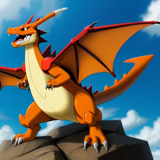 best free ai image generator - a cartoon dragon is standing on a rock with a sky background and clouds in the background, with a blue sky and white clouds, by Ken Sugimori