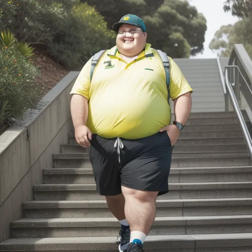 convert to 4k photo - a man with a big belly walking up some stairs with a backpack on his back and a backpack on his shoulder, by Sydney Prior Hall