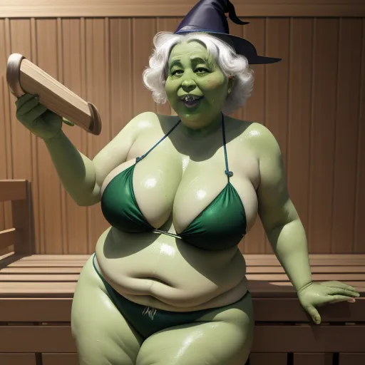 a woman in a green bikini and a witch hat holding a wooden plank in her hand and a wooden bench in the background, by Terada Katsuya