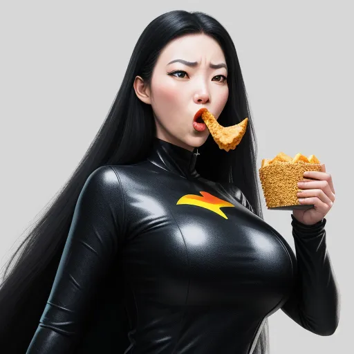 a woman in a black catsuit eating a piece of bread with a slice of cheese in her mouth, by Terada Katsuya