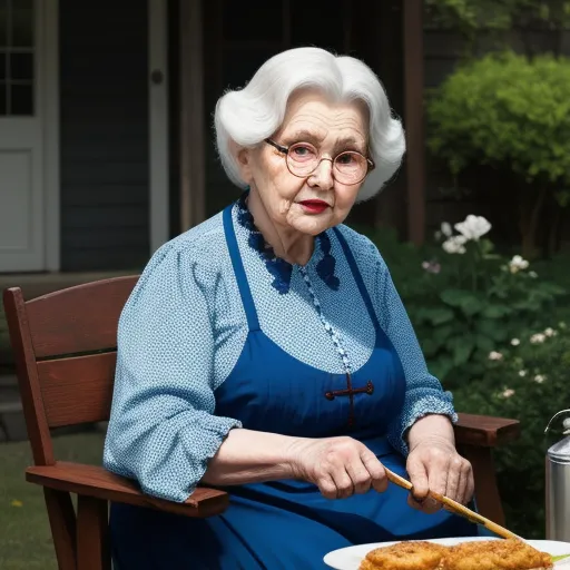 an older woman sitting in a chair with a plate of food on it and a pot of sauce in front of her, by Alec Soth