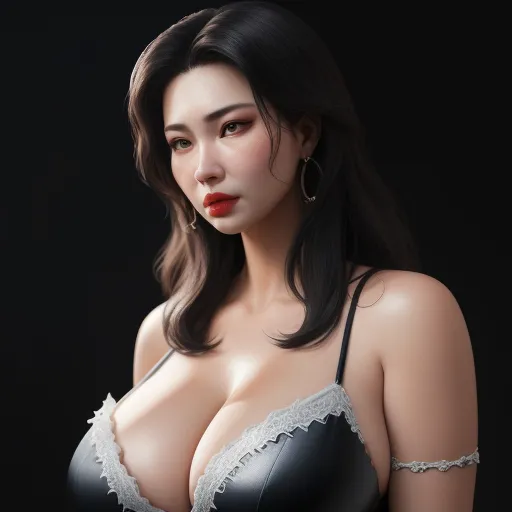 ai that creates any picture - a woman with a black bra and a red lipstick on her lips is posing for a picture in a black background, by Chen Daofu