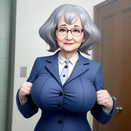 a woman in a blue suit and glasses is standing in front of a door and smiling at the camera, by Rumiko Takahashi