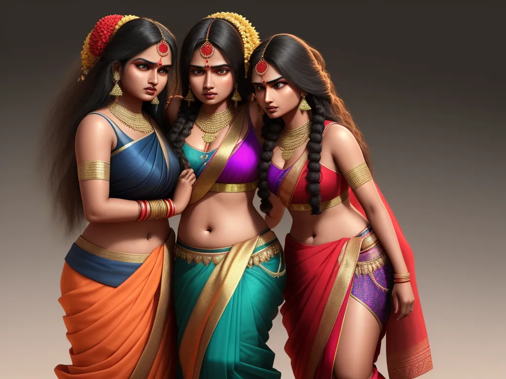 image sharpener - three women in indian clothing are standing together and posing for a picture together, both of them are wearing a sari, by Raja Ravi Varma