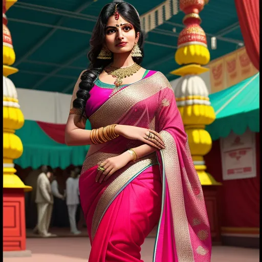 pixel to inches conversion - a woman in a pink and gold sari with a gold necklace on her neck and a gold necklace on her neck, by Raja Ravi Varma