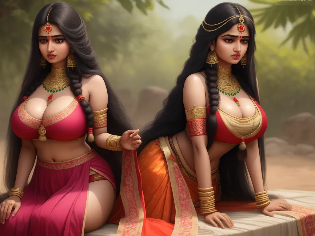 a painting of two women in indian garb sitting on a ledge in front of a forest, one of which is wearing a bra and the other is wearing a sari, by Raja Ravi Varma