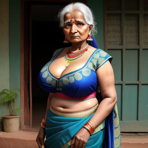a woman in a blue sari and a necklace on her head and chest, standing outside a house, by Alec Soth