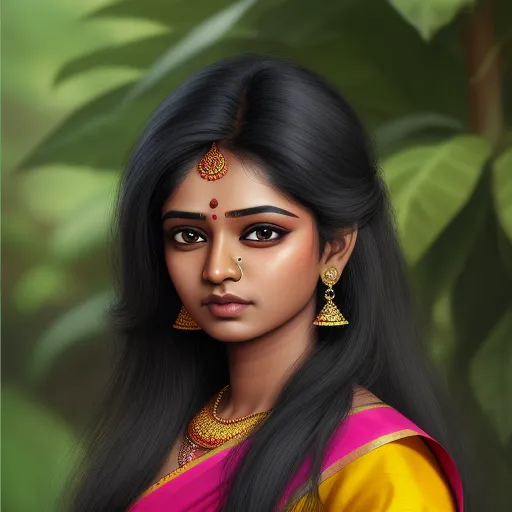 4k picture converter - a painting of a woman in a sari with a green background and a leafy tree behind her, by Raja Ravi Varma