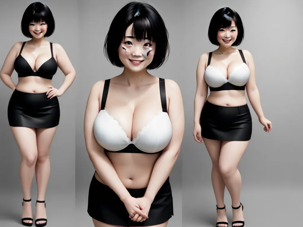 a woman in a black and white bra and skirt posing for a picture with her breasts exposed and her hands on her hips, by Terada Katsuya