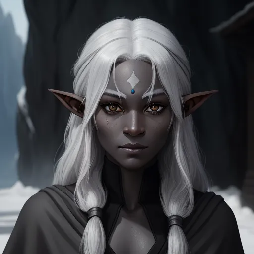 a woman with white hair and a black outfit with horns and a blue eye and a white hair and nose, by Lois van Baarle