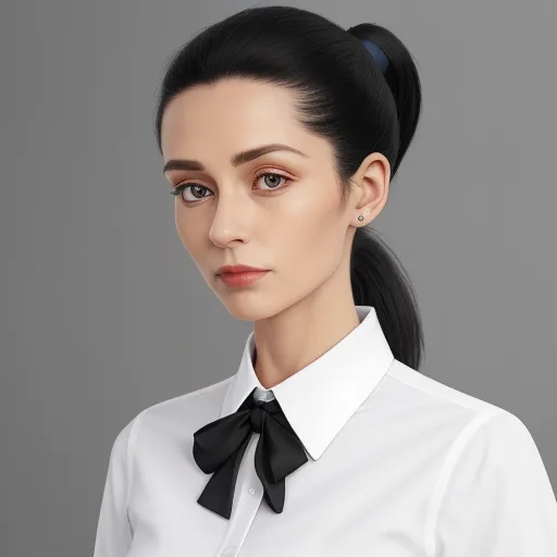 upscale images - a woman with a ponytail wearing a white shirt and black bow tie with a ponytail in her hair, looking at the camera, by Terada Katsuya