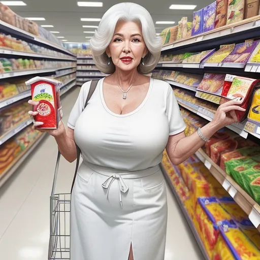 creating images with ai - a woman holding a cart in a grocery store aisle with a cart full of food in it and a cart full of food in the aisle, by Laurie Lipton