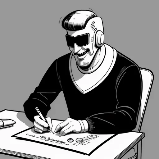 a man with headphones sitting at a desk writing on a paper with a pen and a pen in his hand, by Hanna-Barbera