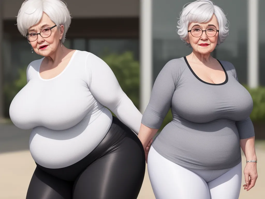 ai text-to-image - a woman in a gray top and a woman in a black top both wearing large white breasts and black leggings, by Fernando Botero
