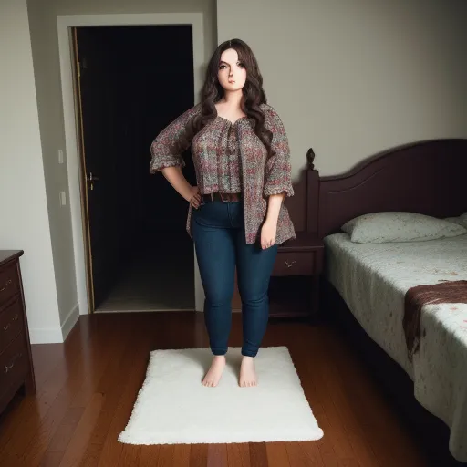 ai your photos - a woman standing on a rug in a bedroom next to a bed and a dresser with a mirror on it, by Billie Waters
