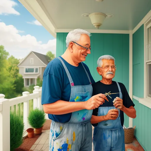 a painting of two men standing outside of a house with a pair of scissors in their hands and a paintbrush in their hand, by Paul Wonner