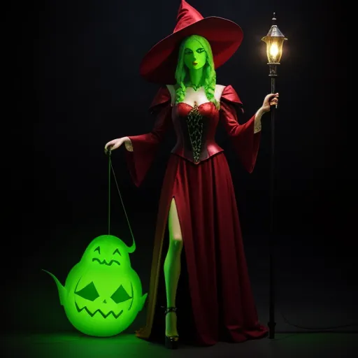 a woman dressed in a costume and holding a lamp and a green bag with a pumpkin on it, standing next to a green glowing lamp, by Hanna-Barbera