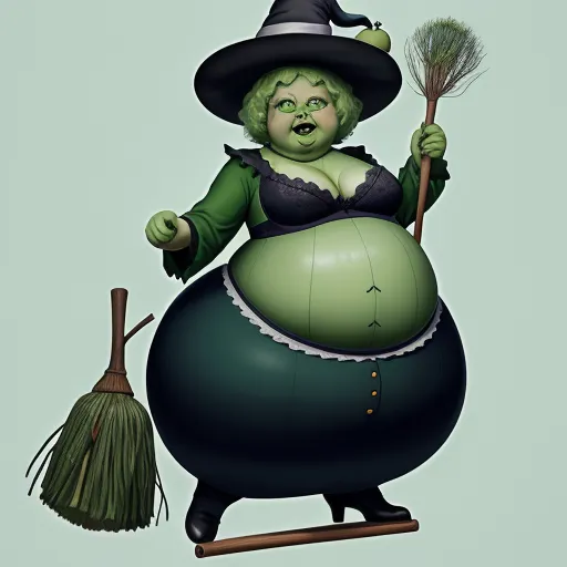 a cartoon of a witch sitting on a big ball with a broom in her hand and a hat on her head, by Fernando Botero