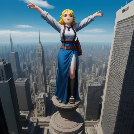 a woman in a blue dress standing on top of a building with her arms outstretched in the air with a cityscape in the background, by Akira Toriyama
