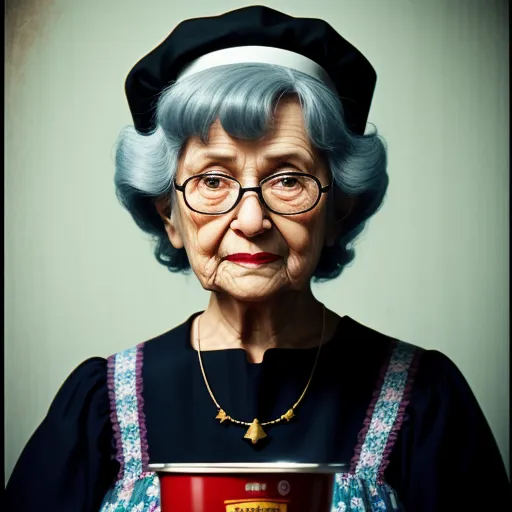 ai image editor - a woman in a black hat and glasses holding a red cup with a red handle and a black top, by Alec Soth