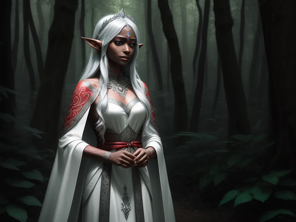 ai-generated images - a woman dressed in a white and red costume in a forest with trees and bushes, with a red and white cloak, by Antonio J. Manzanedo