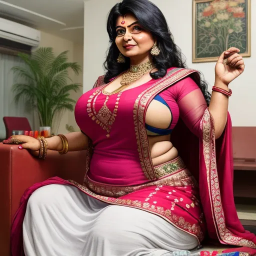 best online ai image generator - a woman in a pink and white sari sitting on a couch with her hands in her pockets and a smile on her face, by Botero