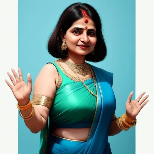 increase resolution of image - a woman in a blue sari and gold jewelry is posing for a picture with her hands out and smiling, by Raja Ravi Varma