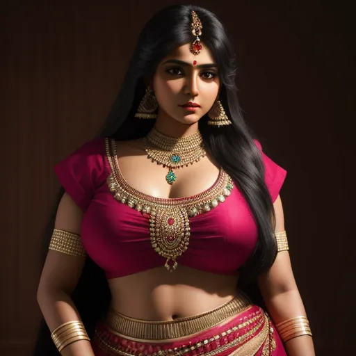 text-to-image ai generator - a woman in a red and gold outfit with a necklace and earrings on her neck and chest, standing in a dark room, by Raja Ravi Varma