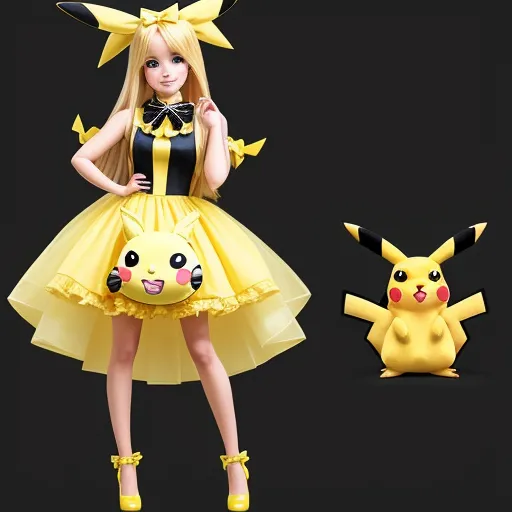 4k quality photo converter - a woman in a yellow dress and a pikachu costume with a black top and yellow shoes and a pikachu, by Sailor Moon