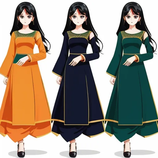 three women in long dresses with long hair and long black hair, one in orange and one in green, by Toei Animations