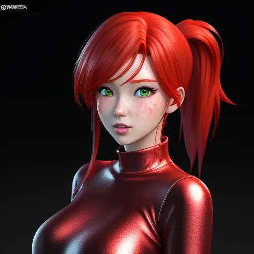 a woman with red hair and green eyes wearing a red leather outfit with a black background and a black background, by Hanna-Barbera