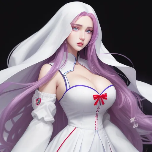 a woman with long purple hair and a white dress with a red bow on her head and a white veil on her head, by Sailor Moon