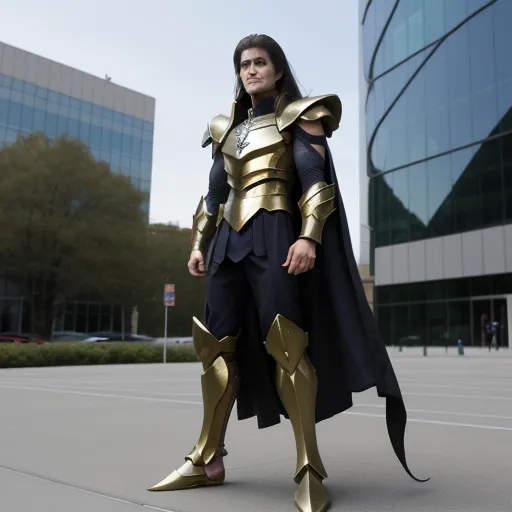 a woman in a costume standing in a parking lot with a building in the background and a building across the street, by Rebecca Sugar