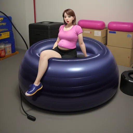 a woman sitting on a large blue inflatable object in a room with boxes and other items on the floor, by Terada Katsuya