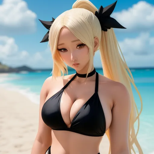 ai based photo enhancer - a very cute girl in a bikini on the beach with a big booby headband and a big booby breast, by Sailor Moon