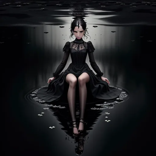 turn photo to hd - a woman in a black dress sitting on a body of water with her legs crossed and her legs crossed, by Terada Katsuya