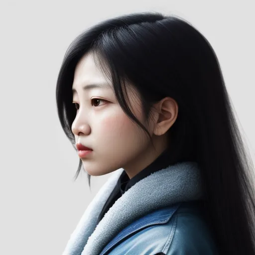a woman with long black hair and a blue jacket on a white background with a gray background and a black and white background, by Chen Daofu