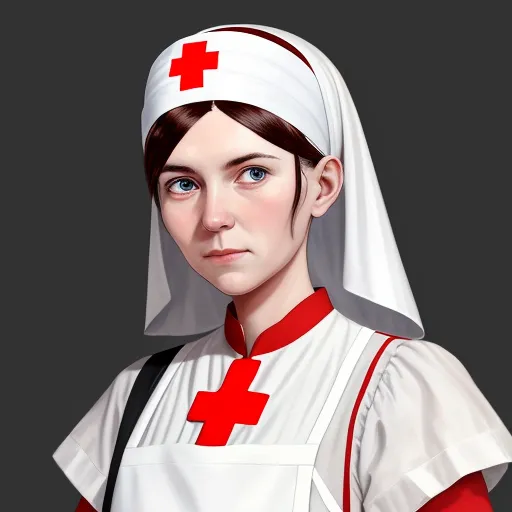 a woman in a red cross outfit with a white hat and a red cross on her head and a black cross on her chest, by Daniela Uhlig