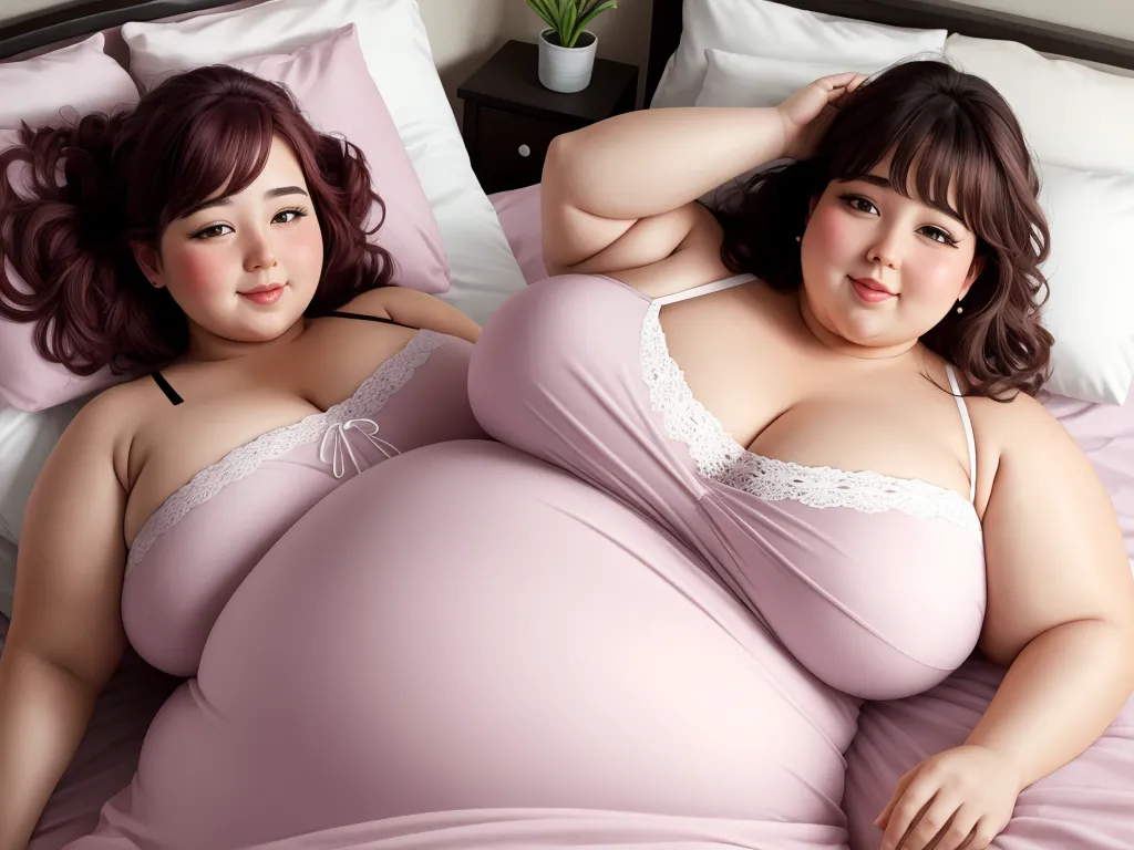 best ai photo editor - a woman laying on a bed next to a fat woman in a pink dress and bra top with her hands on her hips, by Terada Katsuya