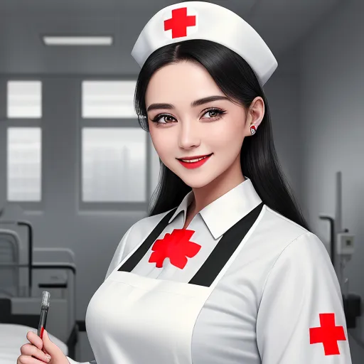 a woman in a nurse uniform holding a pen and a clipboard in her hand and smiling at the camera, by Chen Daofu