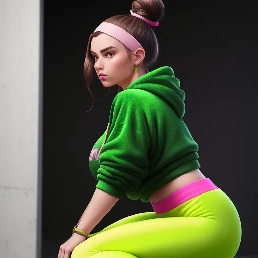 a woman in a green hoodie and neon pants is sitting down and looking at the camera with a serious look on her face, by Akira Toriyama