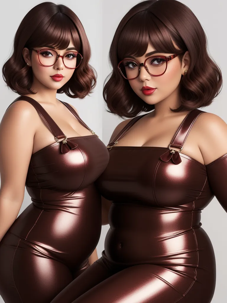 best ai photo editor - a woman in a brown leather outfit and glasses posing for a picture with her hands on her hips and her right hand on her hips, by Terada Katsuya