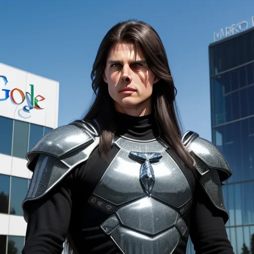 photo coverter - a man in a suit of armor standing in front of a google building with a google logo in the background, by Sailor Moon