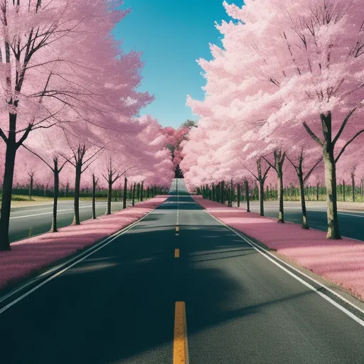 a road with trees lined with pink flowers and a blue sky in the background with a yellow line on the road, by Hiroshi Nagai