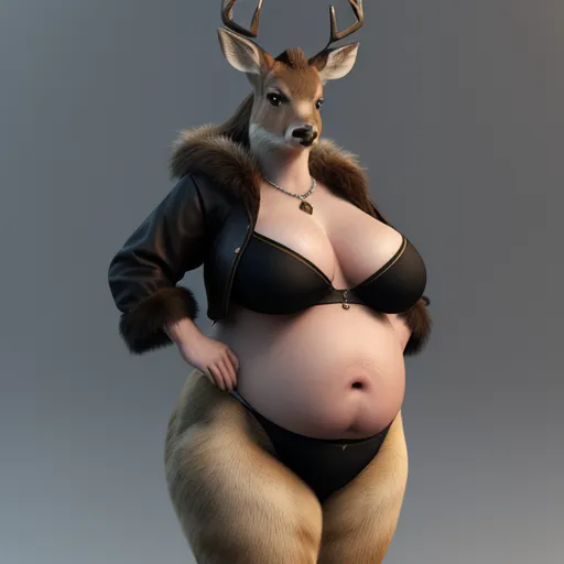 a pregnant woman in a black bra and a deer costume is standing in a pose with her hands on her hips, by Billie Waters