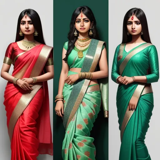 three different types of sari with different colors and designs on them, one of which is green, the other red, by Raja Ravi Varma