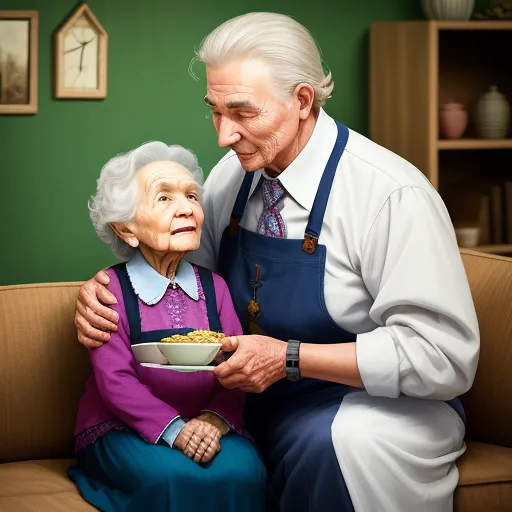a painting of an elderly woman feeding a bowl of food to a man in a white shirt and blue apron, by Shusei Nagaoko