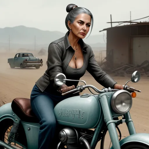 a woman riding a motorcycle on a dirt road next to a truck and a car in the background with a truck and a trailer in the background, by Billie Waters